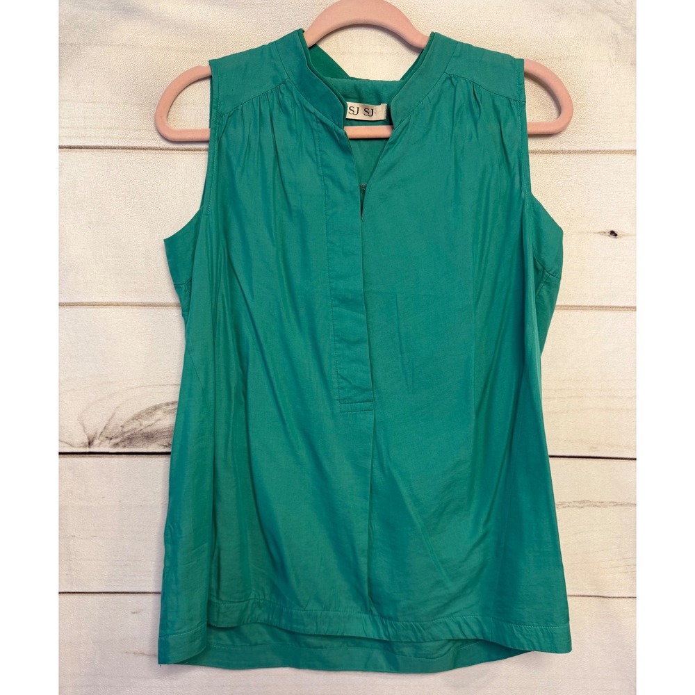 SJ SJ Emerald Green Sleeveless Split Neck Pleated Blouse Top